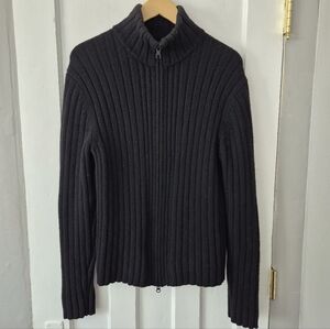 Vintage Y2K Soft Cashmere Wool Blend Ribbed Knit Front Zip Sweater Black Sz M
